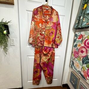 Natori Kyoto Floral 2-Piece Pajama Set in Hot Pink & Orange, Size XXL